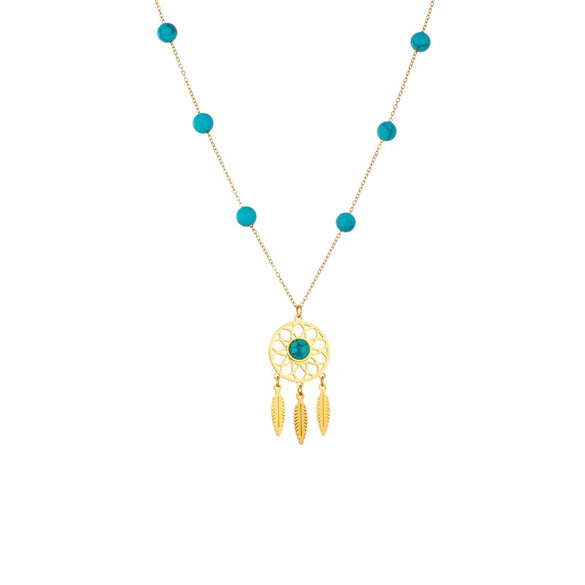 Retro Ethnic Style Turquoise Beaded Dream Catcher Pendant Necklace In Titanium Steel And Stainless Steel With Electroplating For Women