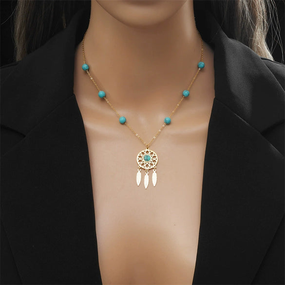 Retro Ethnic Style Turquoise Beaded Dream Catcher Pendant Necklace In Titanium Steel And Stainless Steel With Electroplating For Women