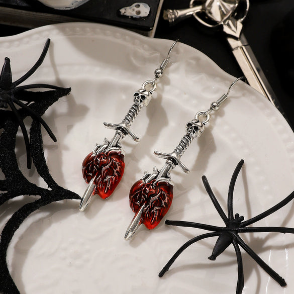 Retro Exaggerated Alloy Earrings With Gothic Horror Skull Heart And Geometric Pattern Electroplated