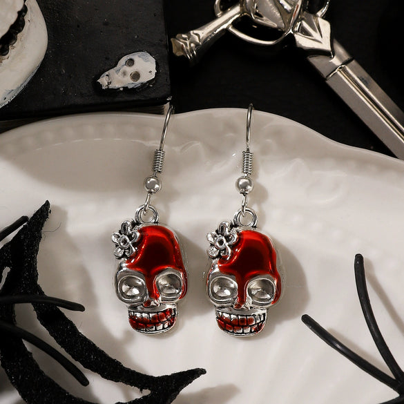 Retro Exaggerated Alloy Earrings With Gothic Horror Skull Heart And Geometric Pattern Electroplated