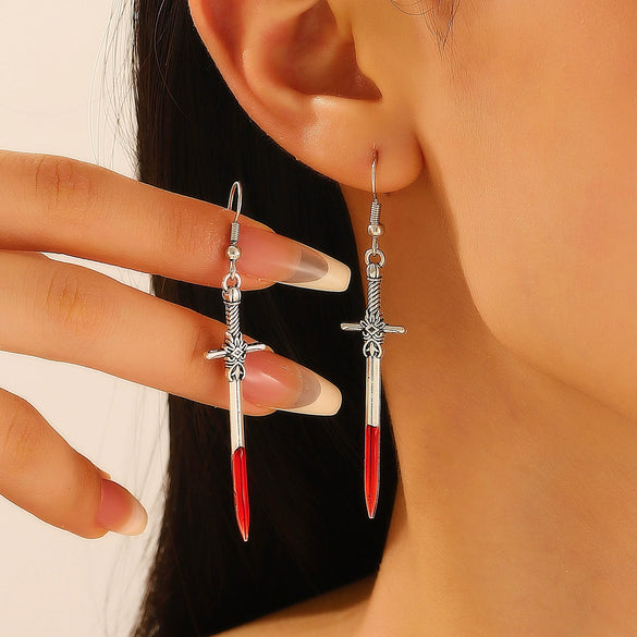 Retro Exaggerated Alloy Earrings With Gothic Horror Skull Heart And Geometric Pattern Electroplated