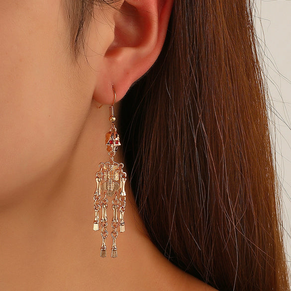 Retro Exaggerated Alloy Earrings With Gothic Horror Skull Heart And Geometric Pattern Electroplated