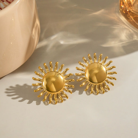 Retro Exaggerated Glossy Polished Geometric Stainless Steel Electroplated Sun Earrings For Women