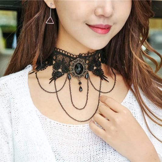 Retro Exaggerated Oval Flower Alloy Lace Inlay Resin Women's Choker