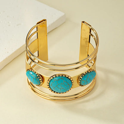 Retro Exaggerated Round Water Droplets Alloy Plating Inlay Turquoise Women'S Cuff Bracelets