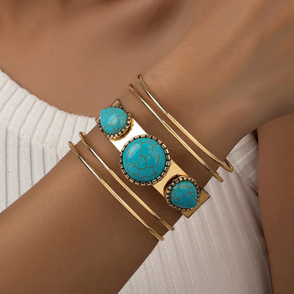 Retro Exaggerated Round Water Droplets Alloy Plating Inlay Turquoise Women'S Cuff Bracelets