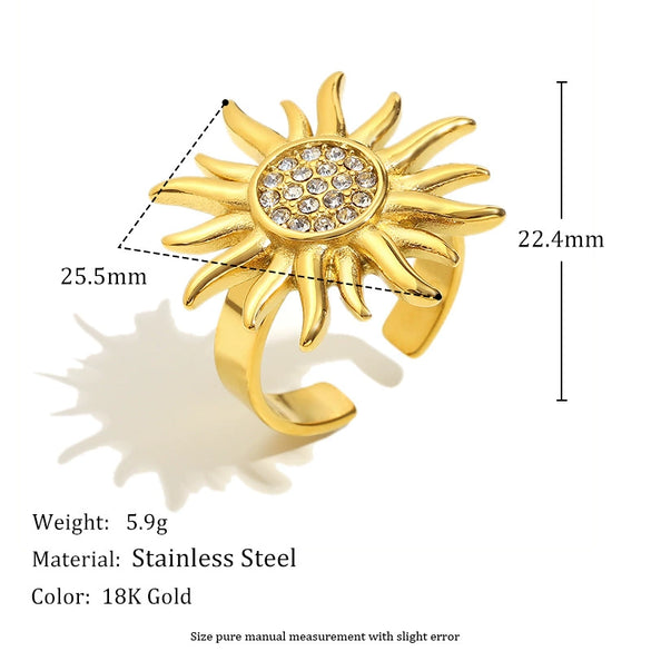 Retro Exaggerated Stainless Steel Open Ring With Geometric Zircon And 18K Gold Plated Electroplating
