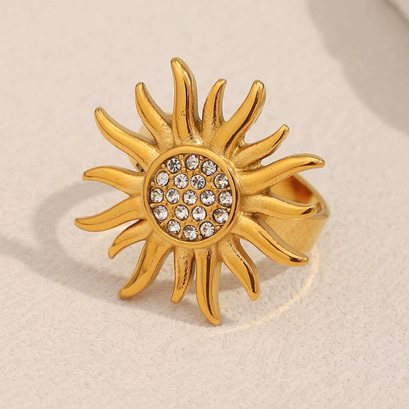 Retro Exaggerated Stainless Steel Open Ring With Geometric Zircon And 18K Gold Plated Electroplating