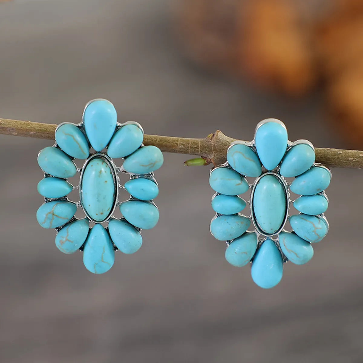 1 Pair Retro Exaggerated Water Droplets Inlay Alloy Turquoise Ear Studs