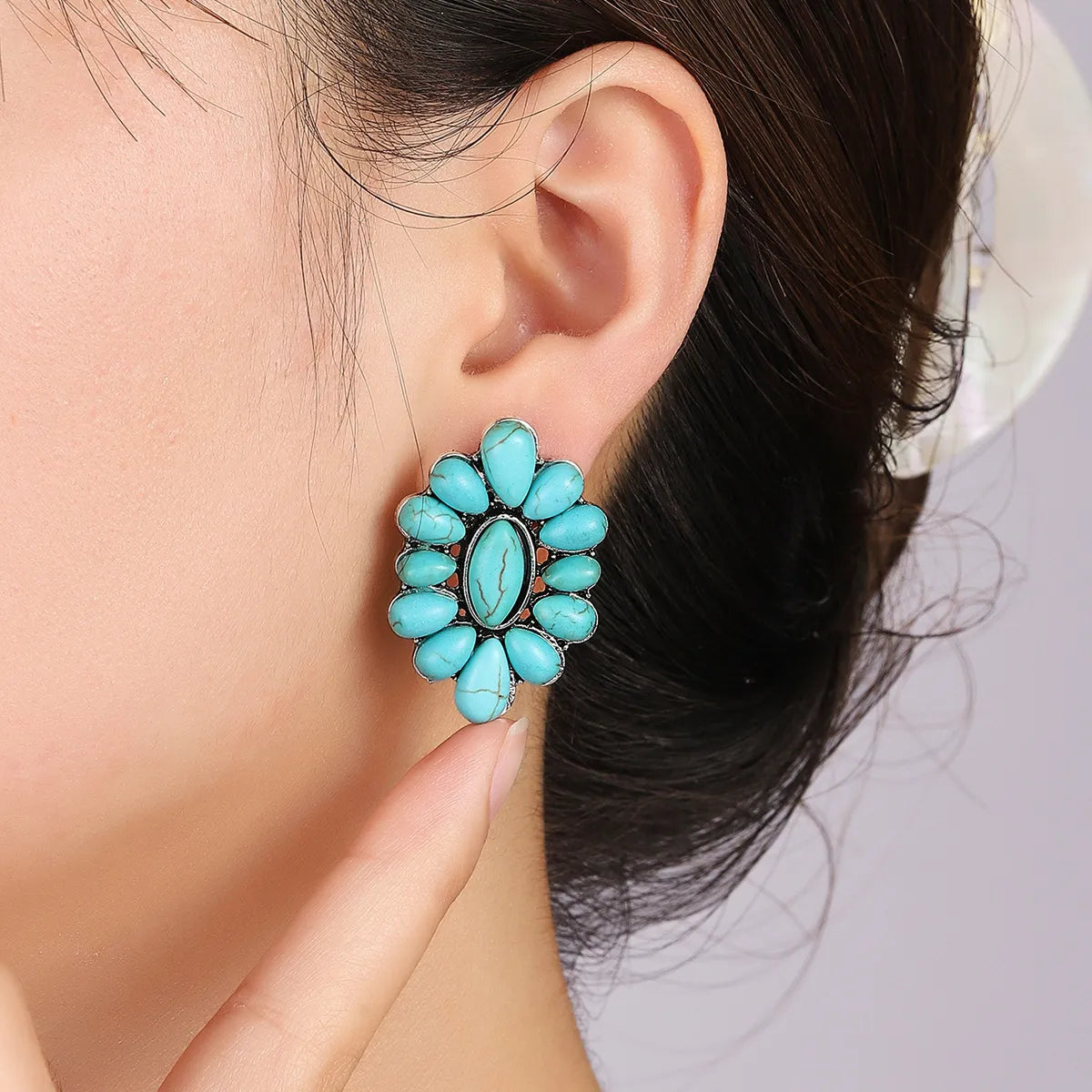 1 Pair Retro Exaggerated Water Droplets Inlay Alloy Turquoise Ear Studs