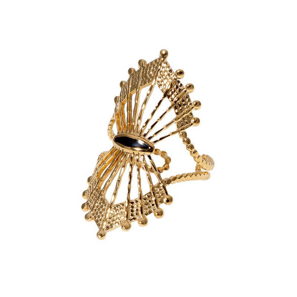 Retro Fanshaped Cut Out Stainless Steel Ring For Women Goldplated Electroplated
