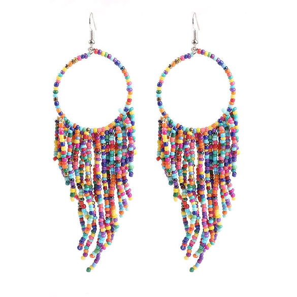 Retro Fashion Alloy Beaded Tassel Earrings Long Bohemian Style Dangle Earrings For Women