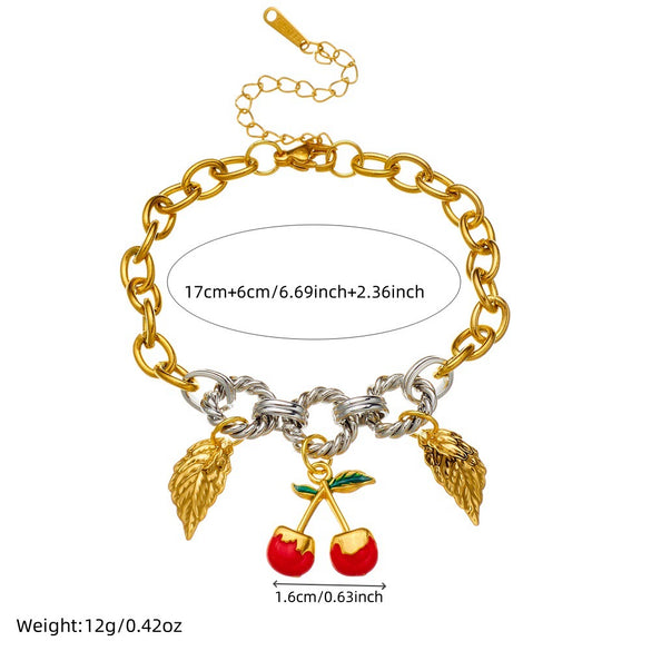 Retro Fashion Cherry Oil Drop Pendant Stainless Steel Bracelet With Animal Fruit Zodiac Pattern Electroplating For Women