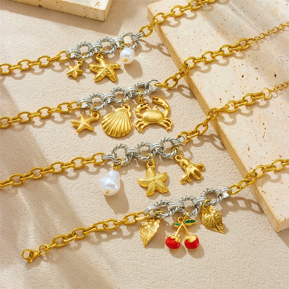 Retro Fashion Cherry Oil Drop Pendant Stainless Steel Bracelet With Animal Fruit Zodiac Pattern Electroplating For Women