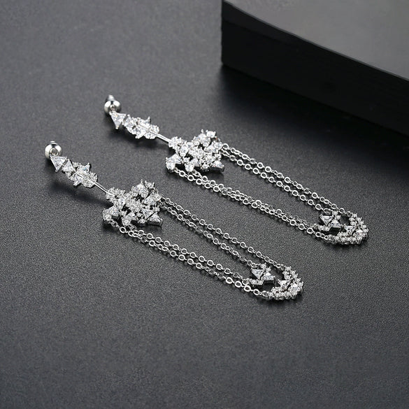 Retro Fashion Copper Geometric Chain Tassel Earrings With Inlaid Zircon For Women