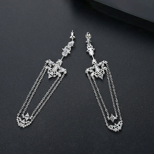 Retro Fashion Copper Geometric Chain Tassel Earrings With Inlaid Zircon For Women