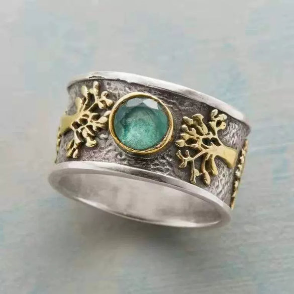 Retro Fashion Green Gemstone Ring With Tree Of Life And Constellation Design Alloy Electroplated Unisex Jewelry