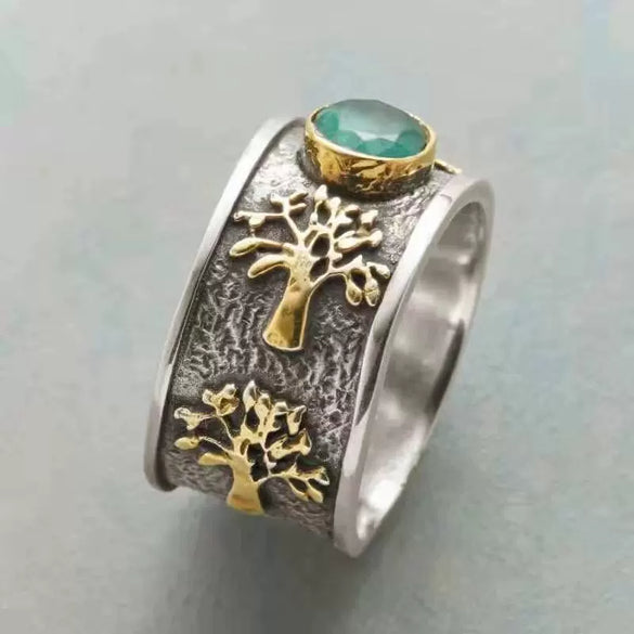 Retro Fashion Green Gemstone Ring With Tree Of Life And Constellation Design Alloy Electroplated Unisex Jewelry