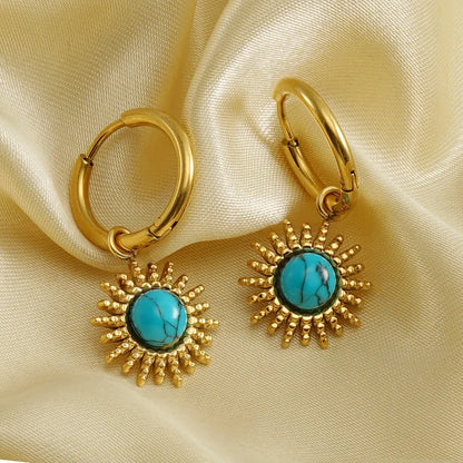 1 Pair Retro Fashion Printing Gold Plated Stainless Steel Turquoise 18k Gold Plated Earrings