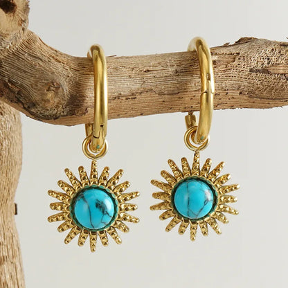 1 Pair Retro Fashion Printing Gold Plated Stainless Steel Turquoise 18k Gold Plated Earrings