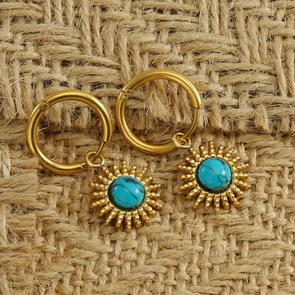 1 Pair Retro Fashion Printing Gold Plated Stainless Steel Turquoise 18k Gold Plated Earrings