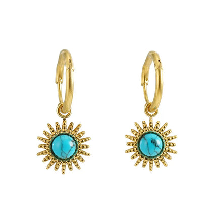 1 Pair Retro Fashion Printing Gold Plated Stainless Steel Turquoise 18k Gold Plated Earrings