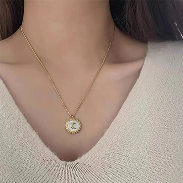 Retro Round Moon Stainless Steel Plating Necklace