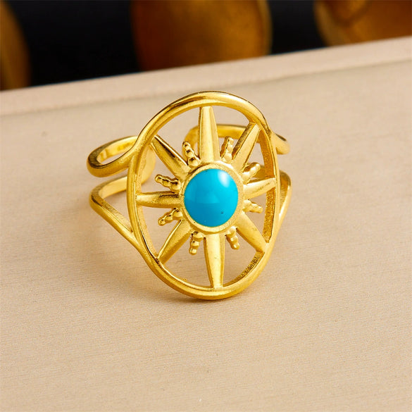 Retro Fashion Stainless Steel Gemstone Ring Plated With Gold Geometric Pattern For Women
