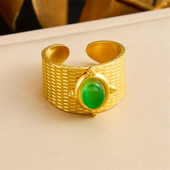 Retro Fashion Stainless Steel Gemstone Ring Plated With Gold Geometric Pattern For Women