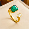 Retro Fashion Stainless Steel Gemstone Ring Plated With Gold Geometric Pattern For Women