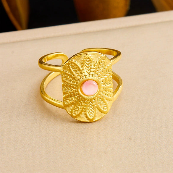 Retro Fashion Stainless Steel Gemstone Ring Plated With Gold Geometric Pattern For Women
