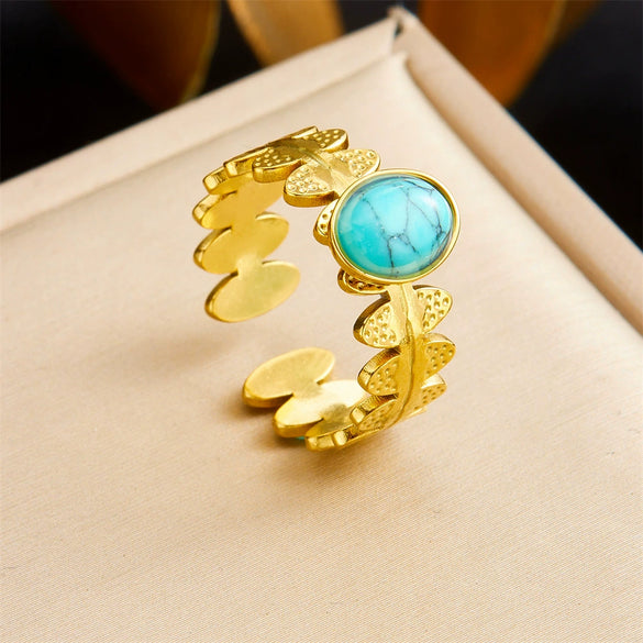 Retro Fashion Stainless Steel Gemstone Ring Plated With Gold Geometric Pattern For Women