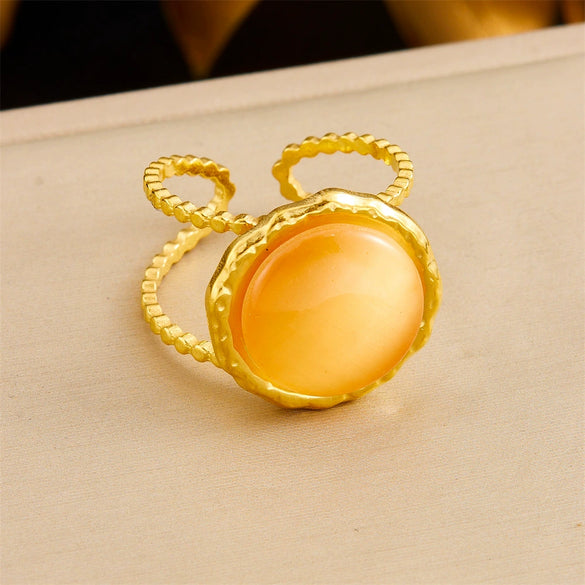Retro Fashion Stainless Steel Gemstone Ring Plated With Gold Geometric Pattern For Women