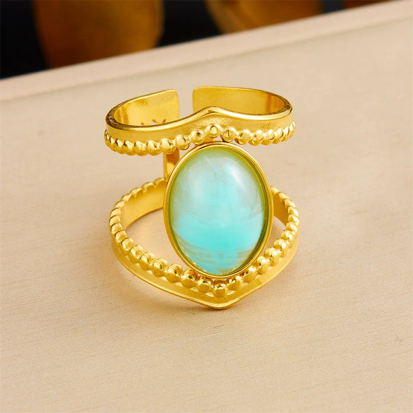Retro Fashion Stainless Steel Gemstone Ring Plated With Gold Geometric Pattern For Women