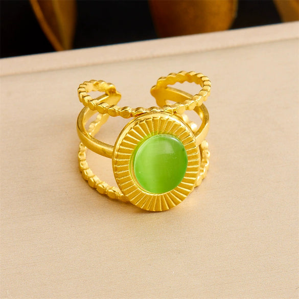 Retro Fashion Stainless Steel Gemstone Ring Plated With Gold Geometric Pattern For Women