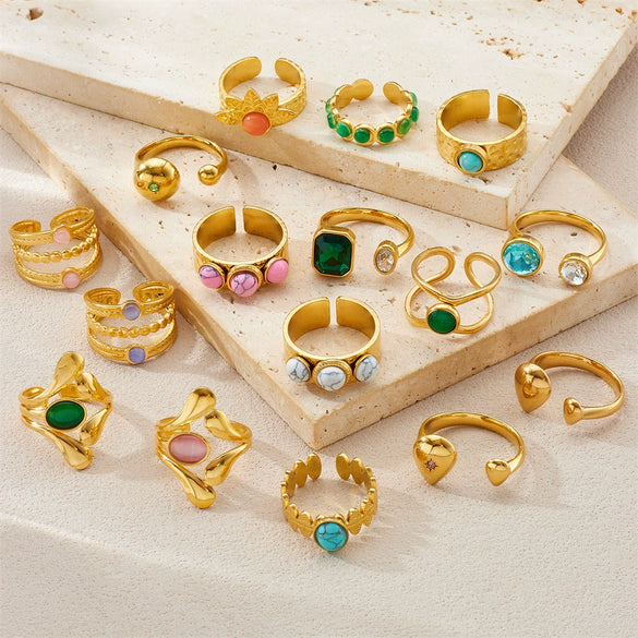 Retro Fashion Stainless Steel Gemstone Ring Plated With Gold Geometric Pattern For Women