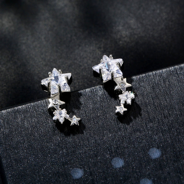Retro Fashion Women's Copper Star Earrings With Plaid Acrylic Blue Embroidery And Zircon Inlay
