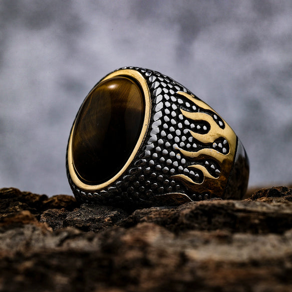 Retro Flame Pattern Unisex Ring Titanium Steel With Tiger Eye Stone Inlaid And Geometric Design
