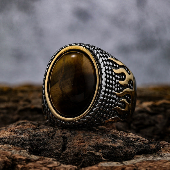 Retro Flame Pattern Unisex Ring Titanium Steel With Tiger Eye Stone Inlaid And Geometric Design