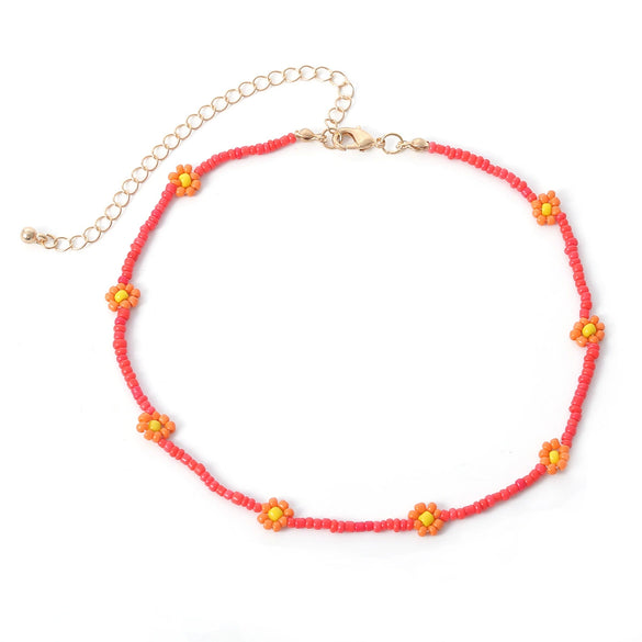 Retro Floral Geometric Beaded Necklace With Resin And Plastic Rice Bead Woven Flower Design