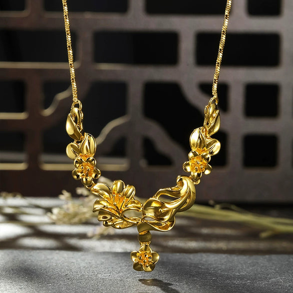 Retro Floral Pendant Necklace With Water Wave Chain Copper Alloy Gold Plated Women's Wedding Jewelry