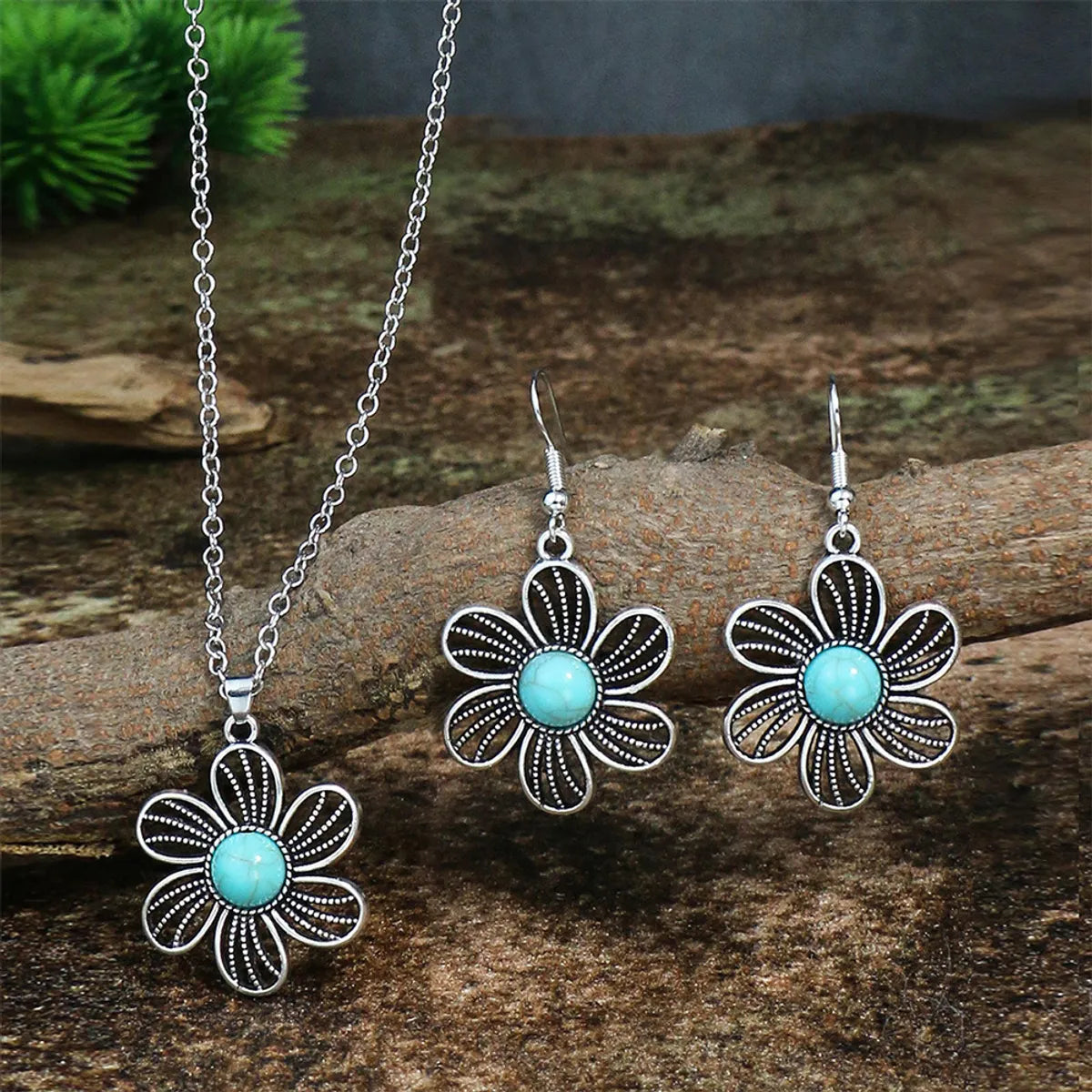 Retro Flower Alloy Turquoise Wholesale Jewelry Set