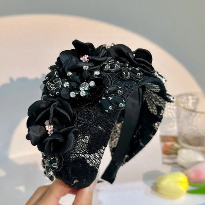 Retro Flower Cloth Rhinestone Handmade Hair Band