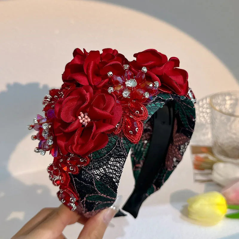 Retro Flower Cloth Rhinestone Handmade Hair Band