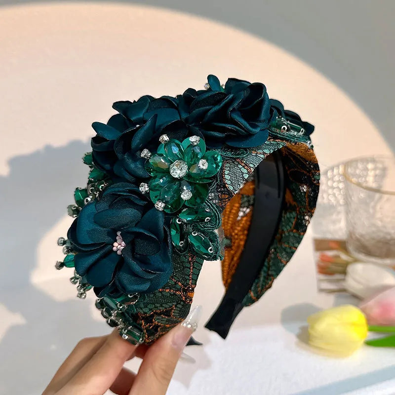 Retro Flower Cloth Rhinestone Handmade Hair Band