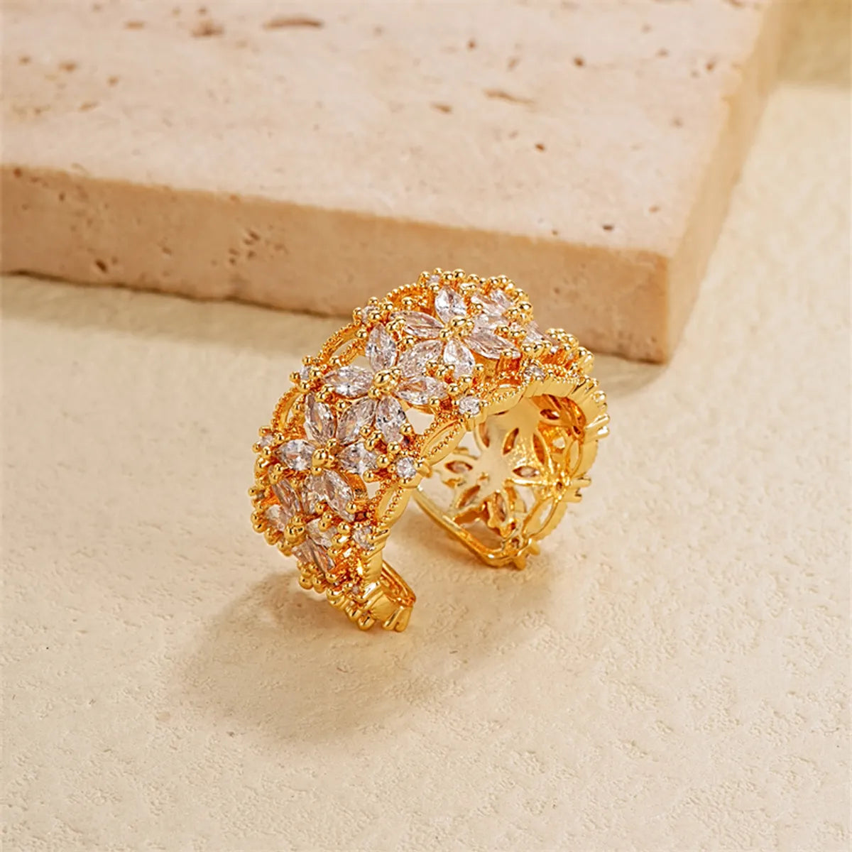 Retro Flower Copper Gold Plated Zircon Open Rings In Bulk