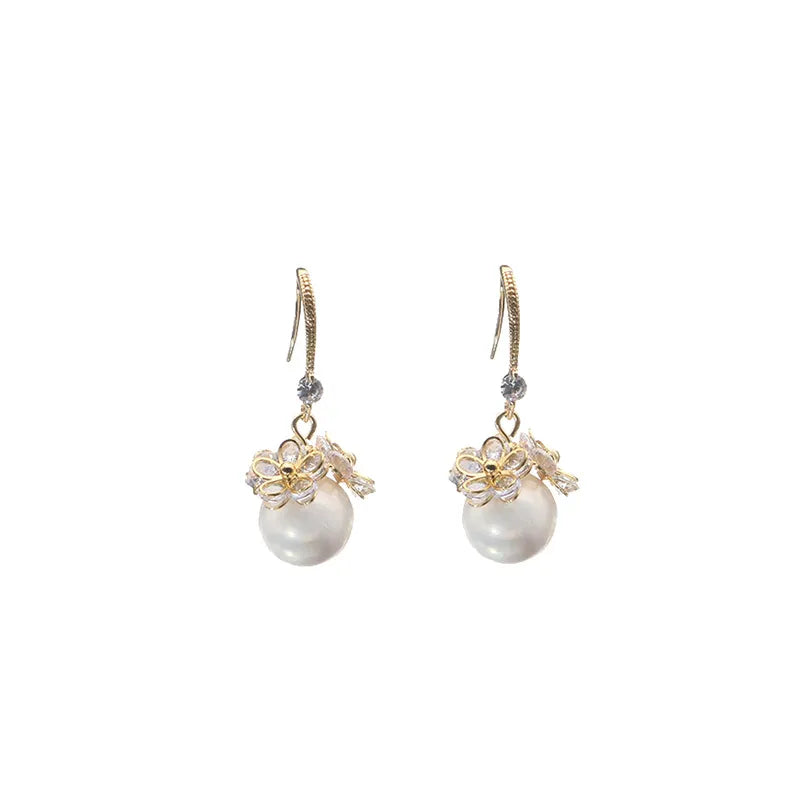 Retro Flower Pearl Sterling Silver Patchwork Drop Earrings 1 Pair