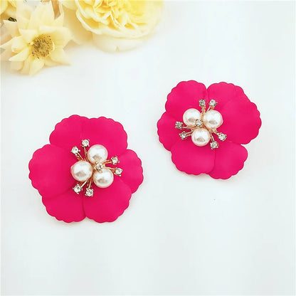 Retro Flower Simple Pearl Multi-Color Flower Rhinestone Earrings