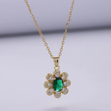 Retro Flower Stainless Steel Copper Plating Inlay Zircon 18k Gold Plated Pendant Necklace