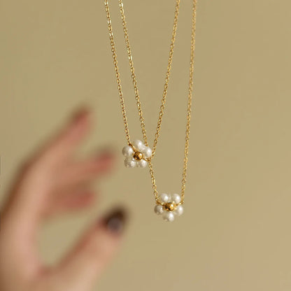 Retro Flower Stainless Steel Glass Pearl Plating 18k Gold Plated Pendant Necklace